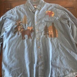Jerzees Denim Button-Down Shirt with Rustic Appliqué